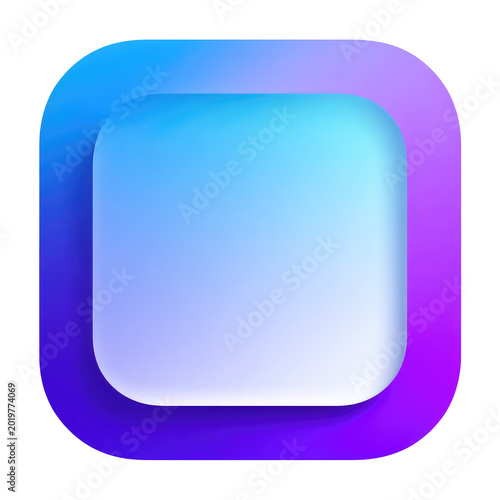 Modern, gradient-filled square button within a larger, rounded-rectangle frame, showcasing a minimalist, 3D effect against a black backdrop