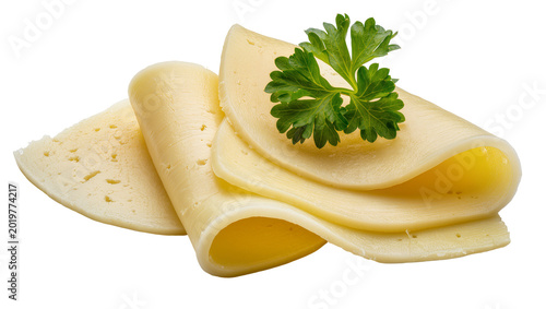 Foto Thinly sliced yellow cheese with fresh green parsley sprig, isolated on transpar