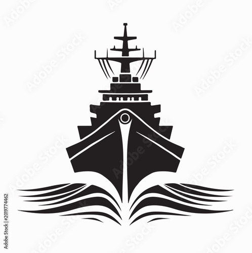 Warship Front View Sailing Ocean Vector Logo Illustration On White Background