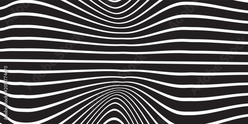 Black and white abstract background. Waves shape decoration. Optical illusion stripes style. Modern graphic design element with distorted lines concept for web, poster, flyer, card cover, or brochure