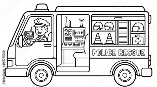 Fotografie Coloring page for children Cross-section of a police car, Special Vehicles Cro