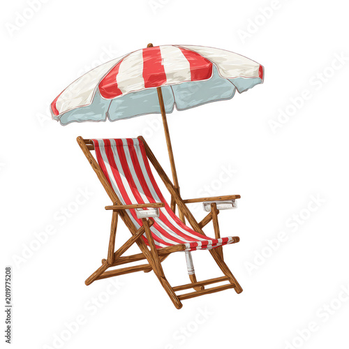 A cartoon-style illustration features a striped red and white beach chair beneath a matching red and white umbrella on a black background