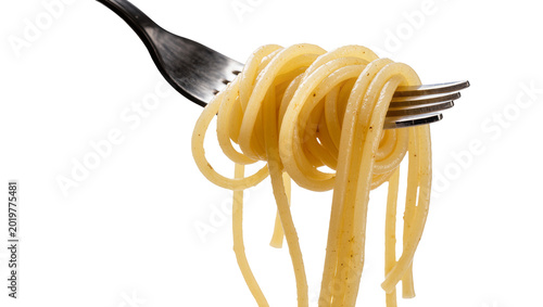 Cuadro en lienzo Spaghetti pasta twirled on a metal fork, isolated on transparent background