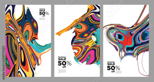 Abstract vibrant fluid art posters with colorful swirl patterns and sale text