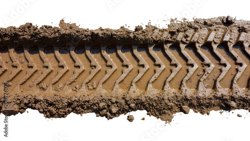 Obraz na płótnie Tire track impression in wet brown mud, isolated on transparent background