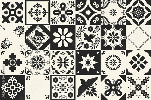 Set of traditional mexican talavera tile patterns. Ceramic art from Puebla. Mediterranean geometric ornament with flowers, leaves, swirls, bird motifs. Vector background.