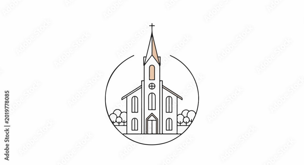 Fototapeta premium Minimalist church design with steeple and trees inside a circle