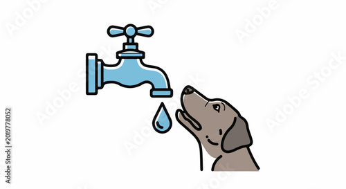 Dog looking up at a dripping water tap with a water drop