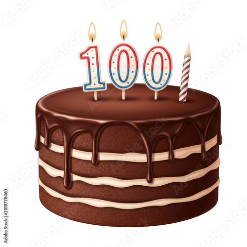 Chocolate birthday cake with number 100 candles isolated on a transparent background