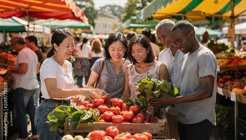 Happy multi-ethnic friends and family shopping for fresh organic vegetables at a vibrant outdoor farmers market, selecting ripe red tomatoes and green leafy produce under colorful sun stalls.