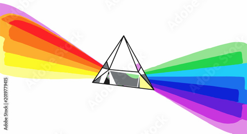 Triangular prism refracts light into a rainbow spectrum on white background