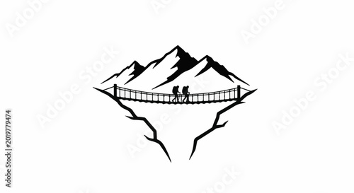Two hikers cross a suspension bridge over a gorge, mountains in background