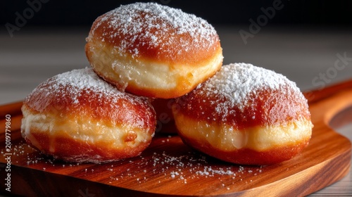 Delicious homemade champagne donuts sit invitingly on a wooden platter, lightly dusted with powdered sugar