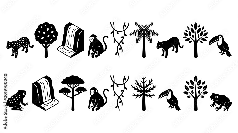 Fototapeta premium Black and white jungle animals and plants illustration set