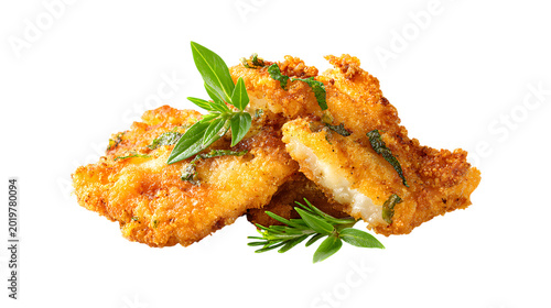 Fried fish pieces with fresh basil garnish