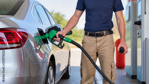 Tablou pe pânză Green fuel nozzle refueling silver car