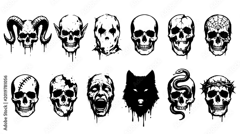 Fototapeta premium Various skulls and monster heads in black and white designs