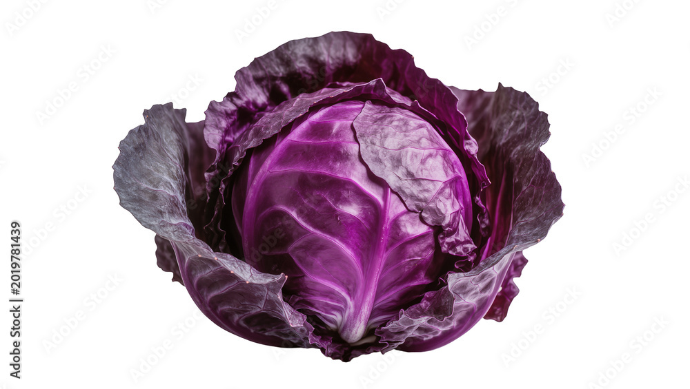 Fototapeta premium Fresh red cabbage with vibrant purple leaves, isolated on transparent background