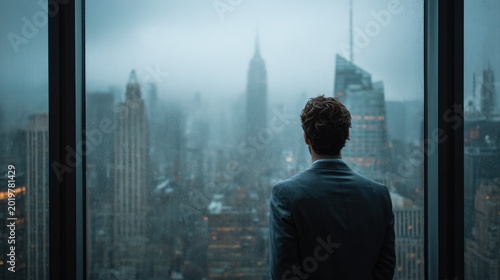 Businessman in formal attire looking out of a large office window at a city skyline with modern skyscrapers on a cloudy day