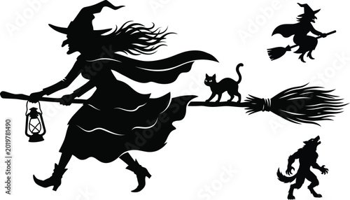 Foto Witch on broom with cat and werewolf silhouettes against white background