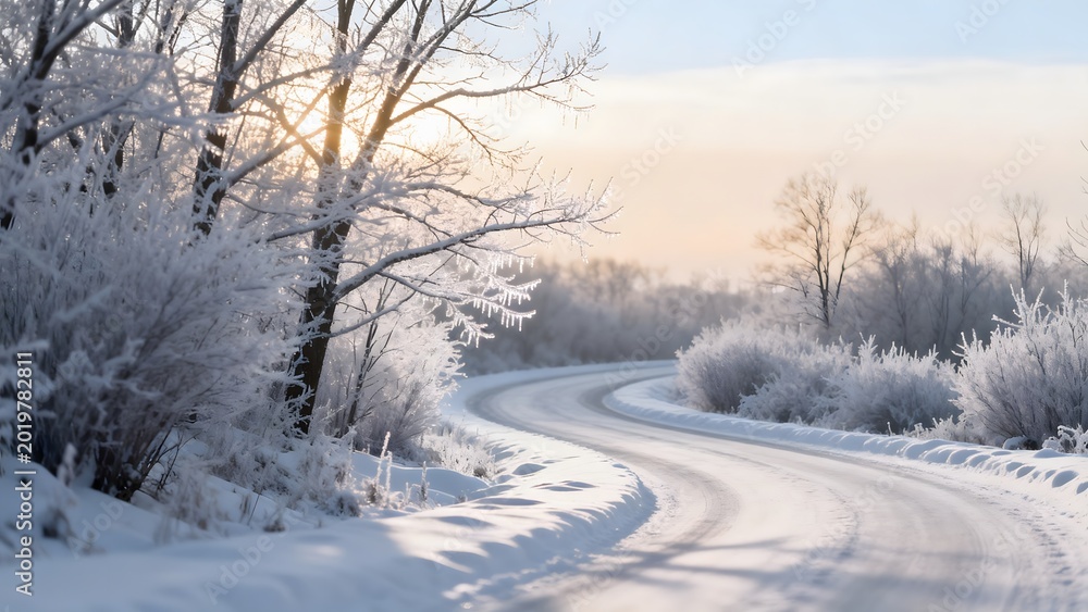 Obraz premium Snowy winding road with frosty trees