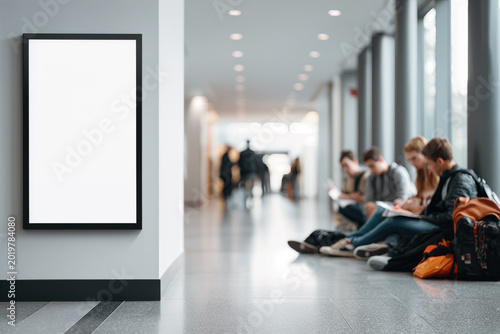 Mockups at Schools Blank Poster in Modern Hallway with Students Studying and