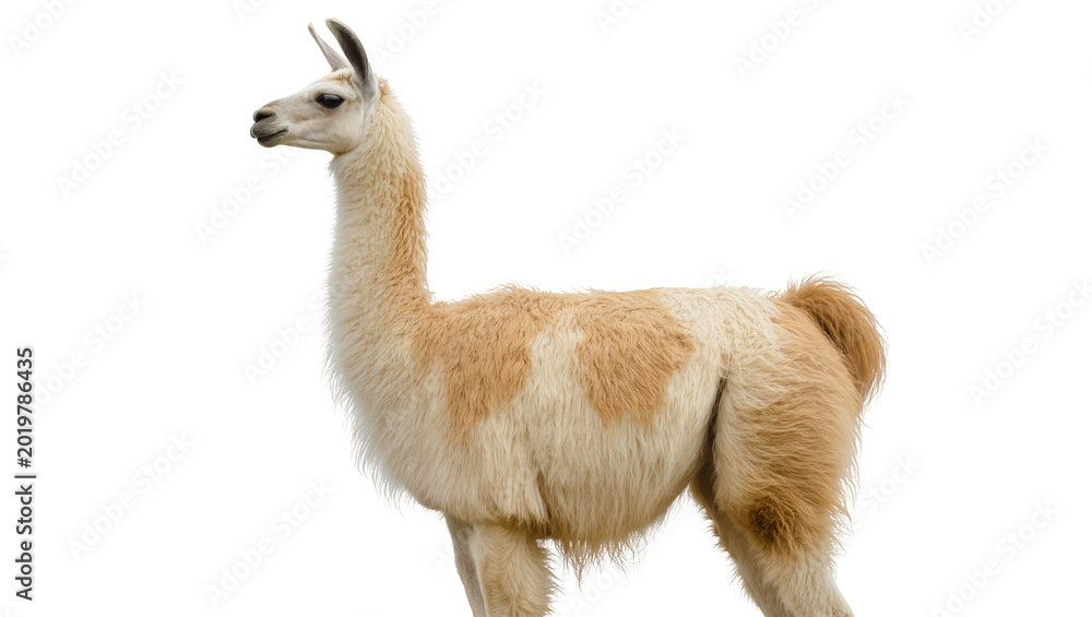 Obraz premium Fluffy llama with tan patches standing profile, isolated on transparent background