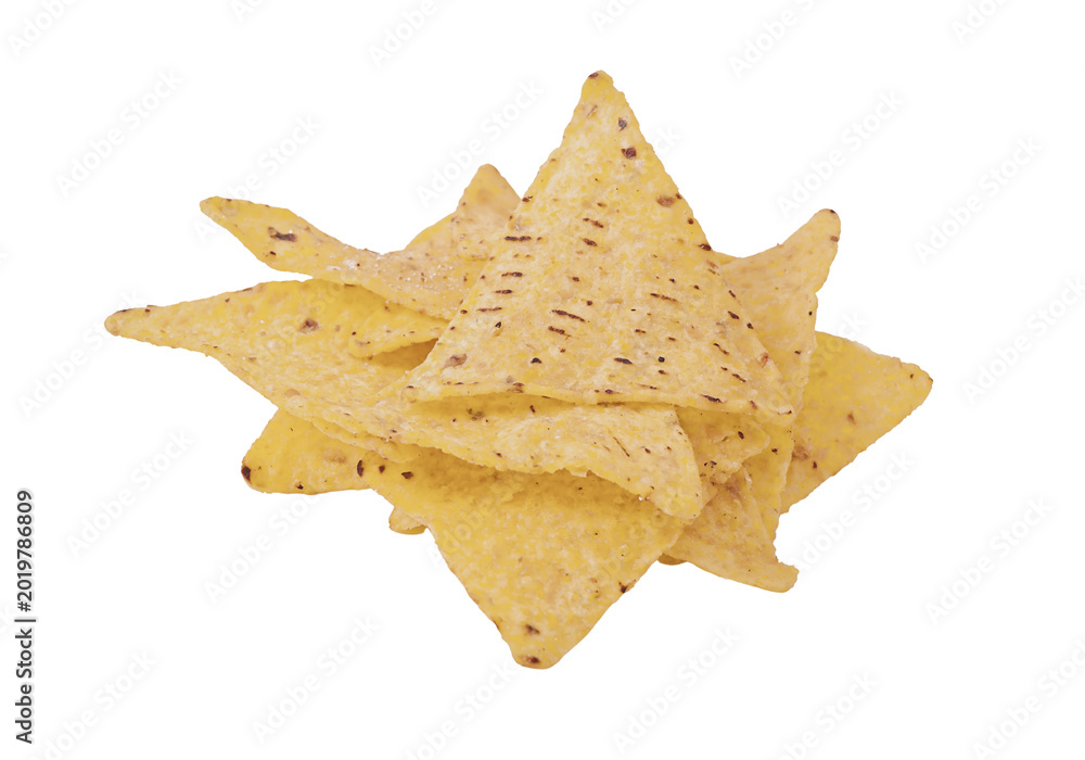 Fototapeta premium Stack of crispy yellow tortilla chips, corn chips snack isolated on transparent background PNG