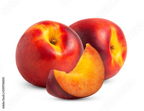 Foto Red nectarine fruit and cut in a slice of red nectarine peach isolated