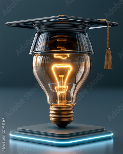 Unique light bulb wearing a graduation cap on a stand in a modern setting