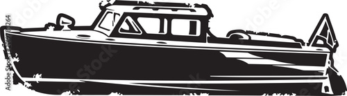 Vintage black motorboat vector silhouette isolated on white background