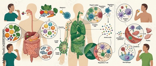 The intricate dance of human digestion and immune response, a dreamlike journey into cellular wellness and nutritional impact
