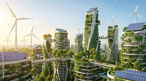 Futuristic eco city skyline with solar panel tree tower design and green rooftop garden feeling hopeful and vibrant