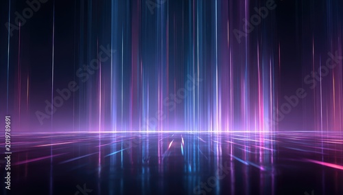 A vibrant abstract composition with luminous vertical lines of blue and purple light descending upon a reflective surface