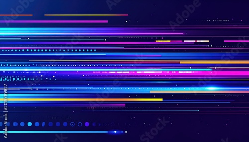 A vibrant abstract composition with streaks of color and light effects. The dynamic design features a dark background with flowing lines and luminous gradients