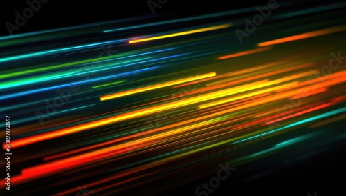 A vibrant abstract composition with streaks of light, blending hues of orange, yellow, green, and blue against a dark backdrop