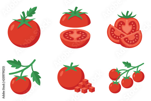 Flat design vector illustrations of red tomatoes including whole, cut, diced, and on a green vine.
