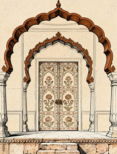 This hand-drawn illustration depicts an ornate Mughal style archway with carved wooden trim, fluted stone columns, and a painted floral double door.