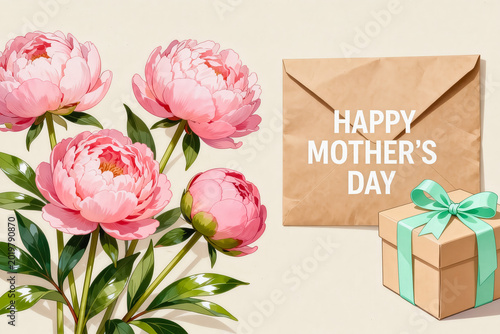 This flat lay illustration features pink peony blooms, a kraft paper envelope with Mother's Day text, and a tied gift box on a neutral beige background.