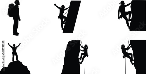Mountain climber reaching summit vector silhouette illustration depicting success goals.