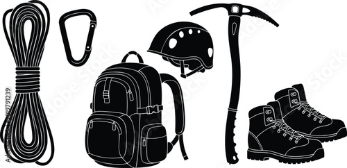 Quadro em tela Outdoor equipment vector silhouette illustration set for climbing and hiking adventures