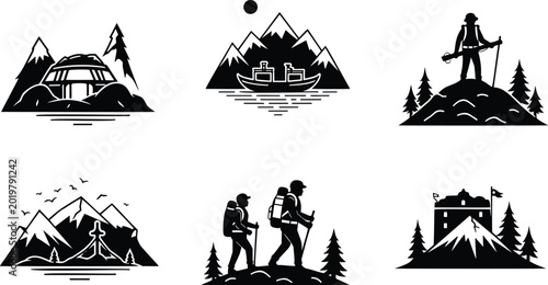 Foto Mountain travel and hiking adventure vector silhouette illustration pack graphic elements