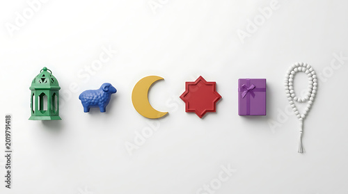 Eid al fitr decorative accessories on white background ramadan symbols festive objects
