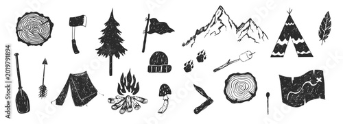 Camping linocut set, campfire and tent, deer footprint and horns. Hiking equipment hand drawn textured. Wood cut log, pine tree shape. Nature adventure.