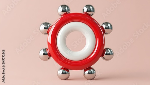 A vibrant, abstract, geometric composition featuring a red torus framing a white ring. Silver spheres orbit this central element. Pale pink background