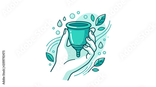 Obraz na plátně Hand Holding Menstrual Cup with Leaves and Water Drops