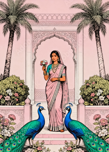 A vintage illustrated scene of a South Asian adult woman in a pink sari holding a flower bouquet, standing in an ornate palace archway with peacocks and tropical garden flora.