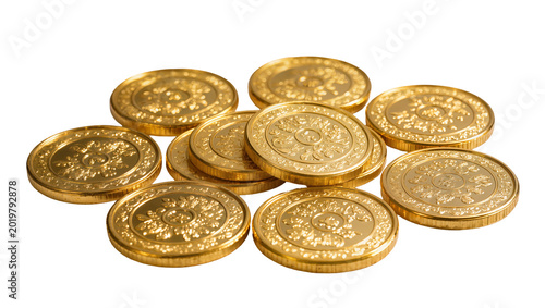 Εκτύπωση καμβά Pile of shiny gold coins with intricate patterns, isolated on transparent backgr
