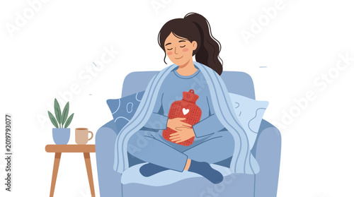 Woman with hot water bottle, feeling unwell