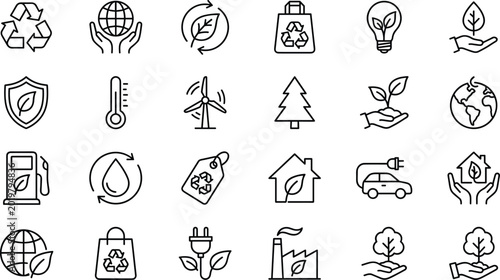 Foto Ecology and sustainability line icons set featuring recycling green energy wind power electric car planet earth eco house and environment protection symbols for conservation